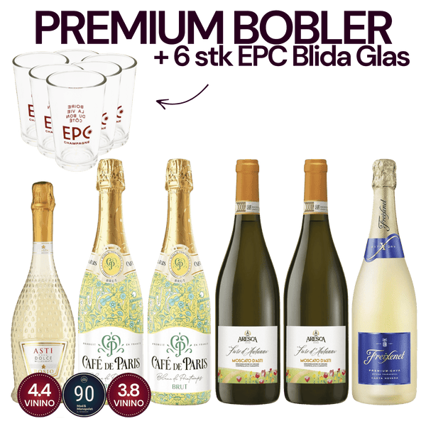 Den Sidste Flaske Mousserende Smagekasse Premium Bobler + 6 stk EPC Blida Glas